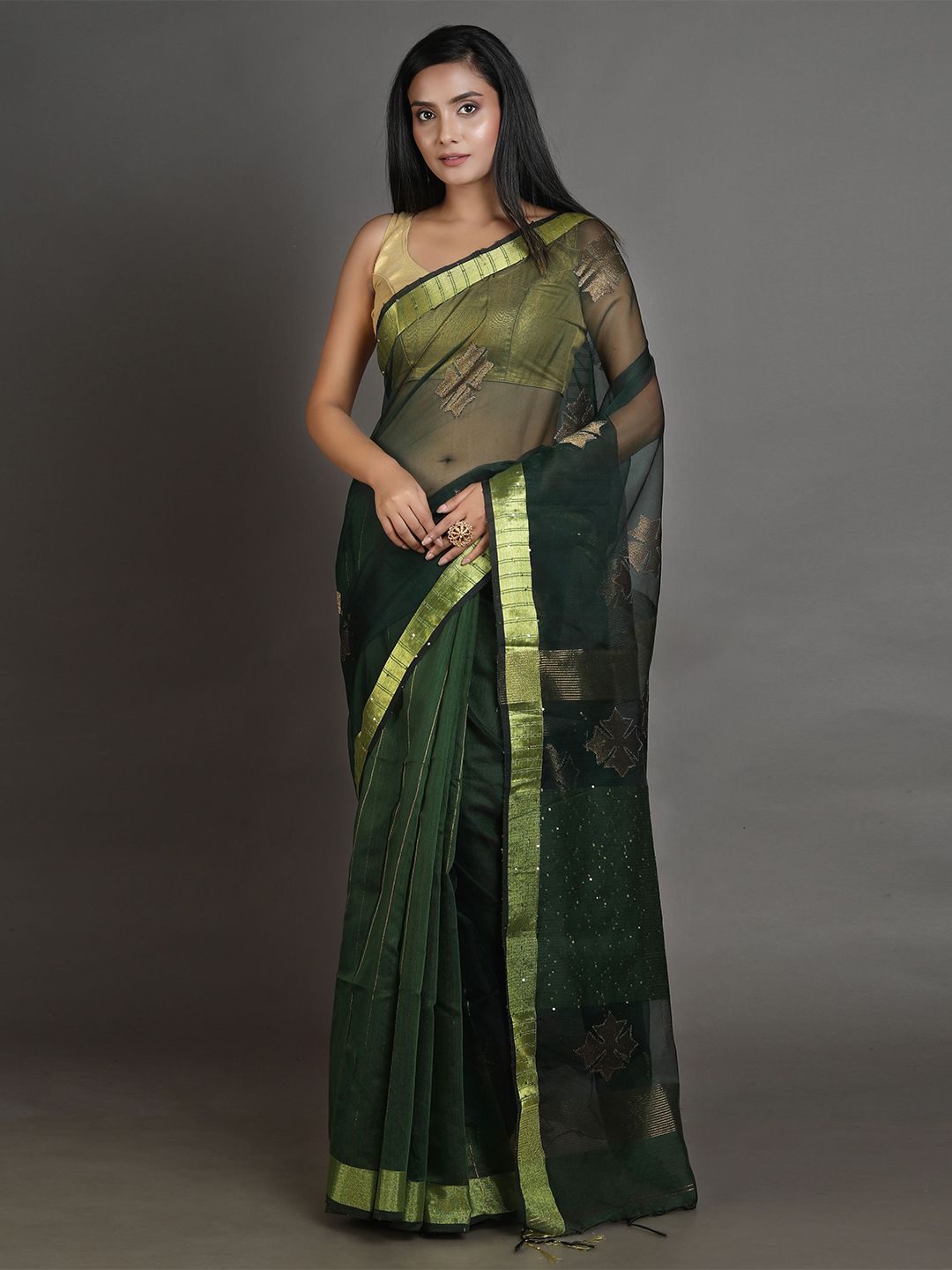 Arhi Green & Gold-Toned Handwoven Pure Silk Saree Price in India