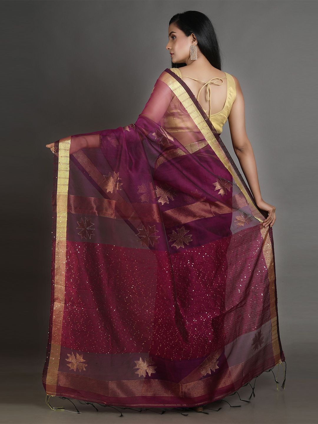 Arhi Magenta & Gold-Toned Woven Design Sequinned Pure Silk Saree Price in India