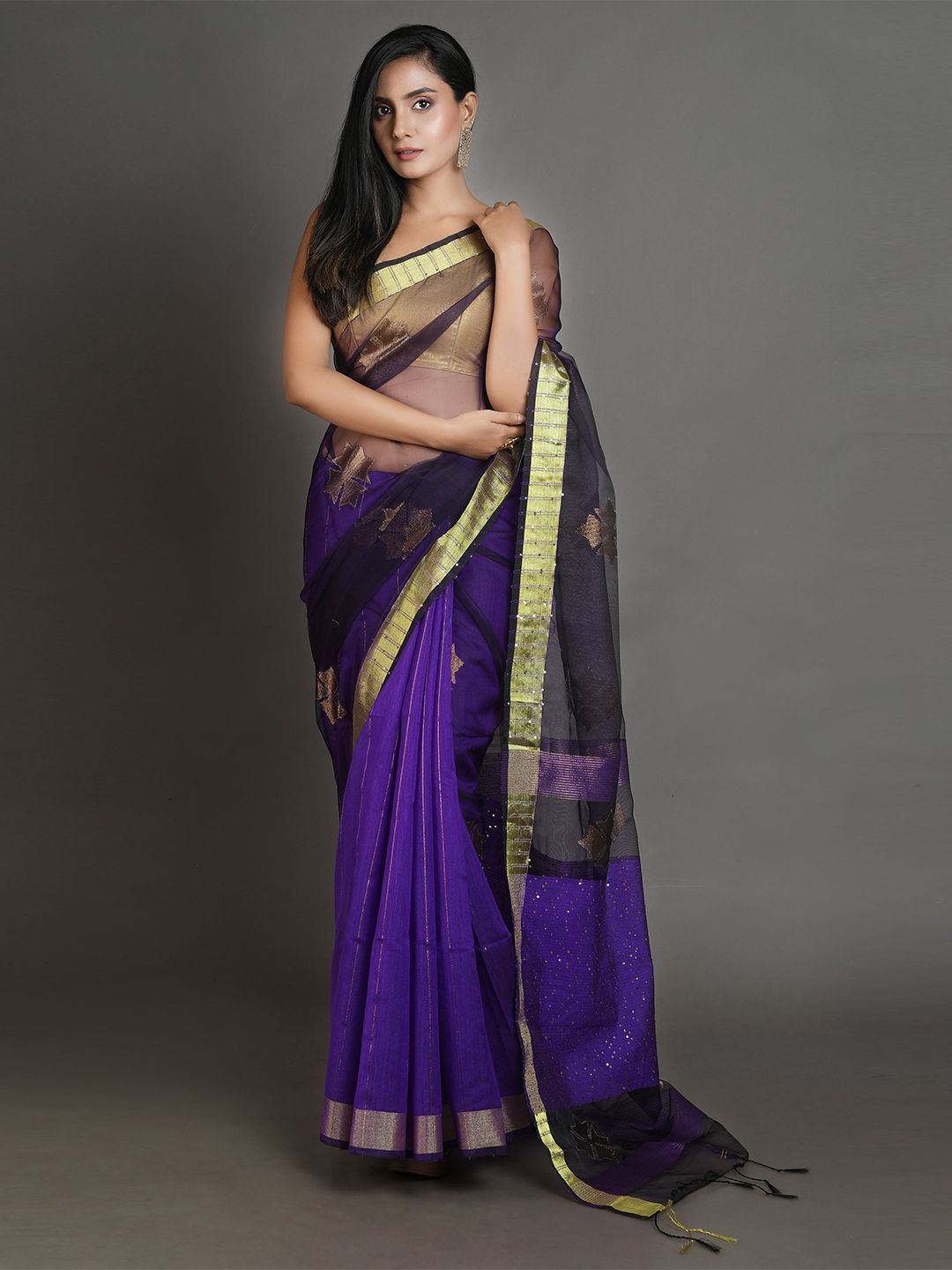 Arhi Purple & Gold-Toned Woven Design Sequinned Pure Silk Saree Price in India