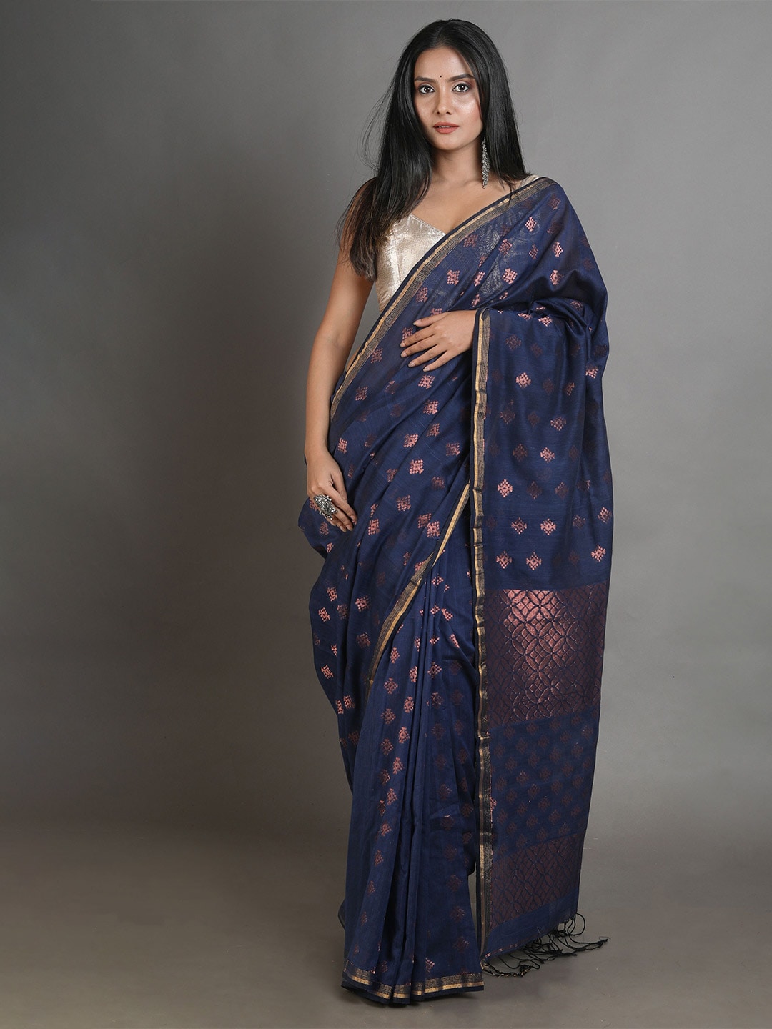 Arhi Blue & Copper-Toned Woven Design Zari Pure Linen Saree Price in India