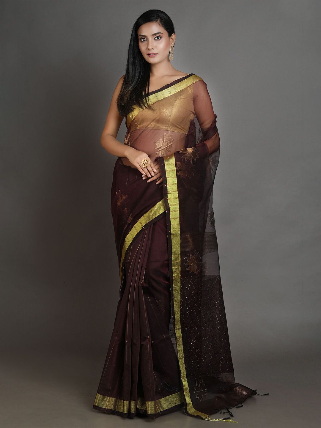 Arhi Brown Floral Sequinned Handwoven Pure Silk Saree Price in India