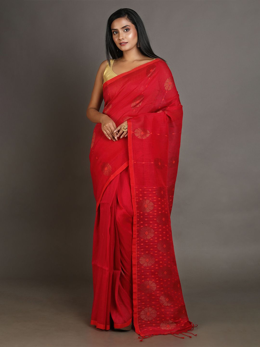 Arhi Red Woven Design Pure Linen Saree Price in India