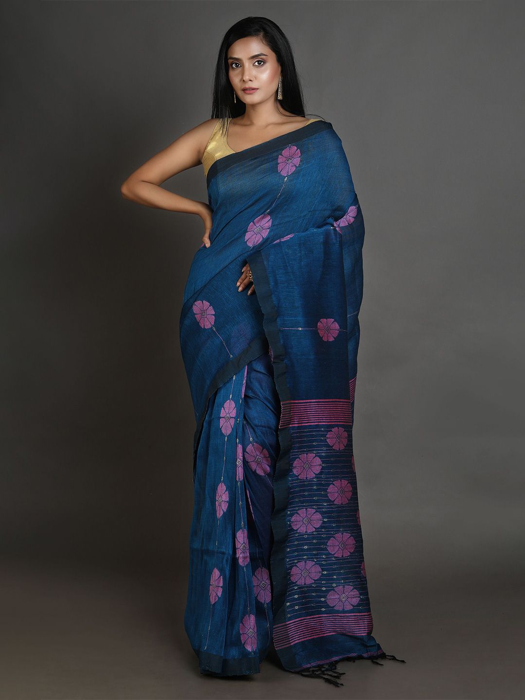Arhi Blue & Pink Woven Design Pure Linen Saree Price in India