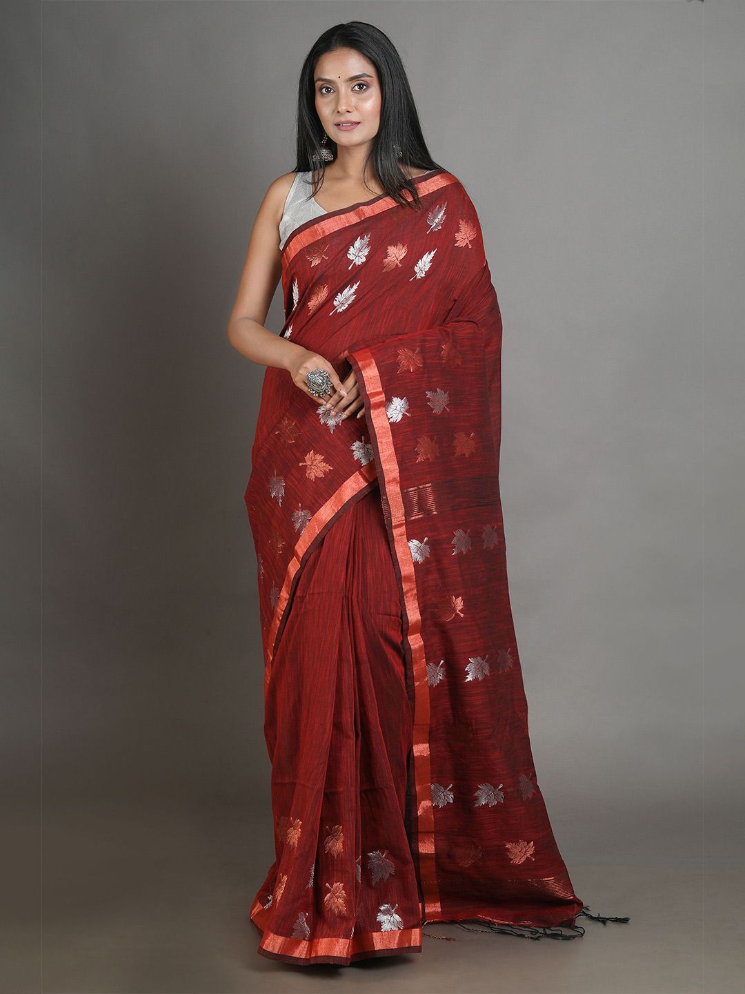 Arhi Red & Silver Woven Design Zari Pure Linen Saree Price in India