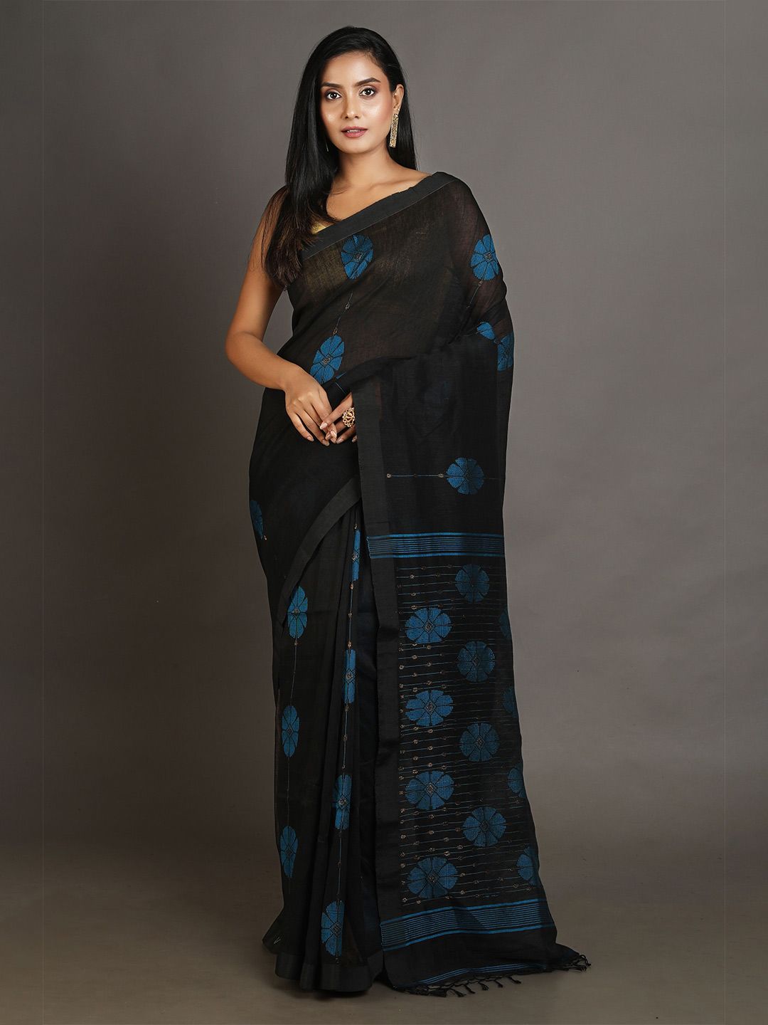 Arhi Black & Blue Floral Handwoven Pure Linen Saree Price in India