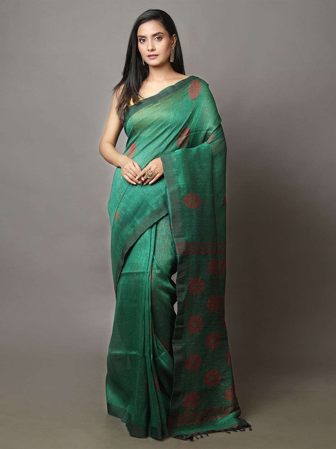 Arhi Green & Brown Woven Design Pure Linen Saree Price in India