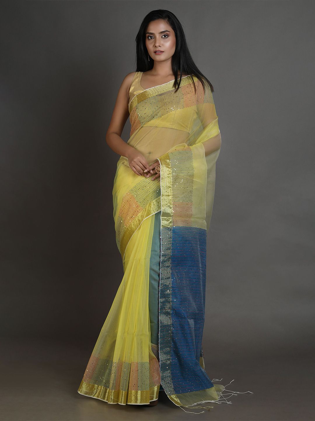 Arhi Yellow & Blue Woven Design Zari Muslin Silk Saree Price in India