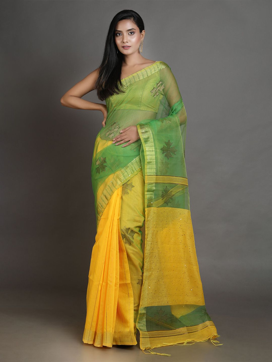 Arhi Green & Yellow Floral Sequinned Handwoven Pure Silk Saree Price in India