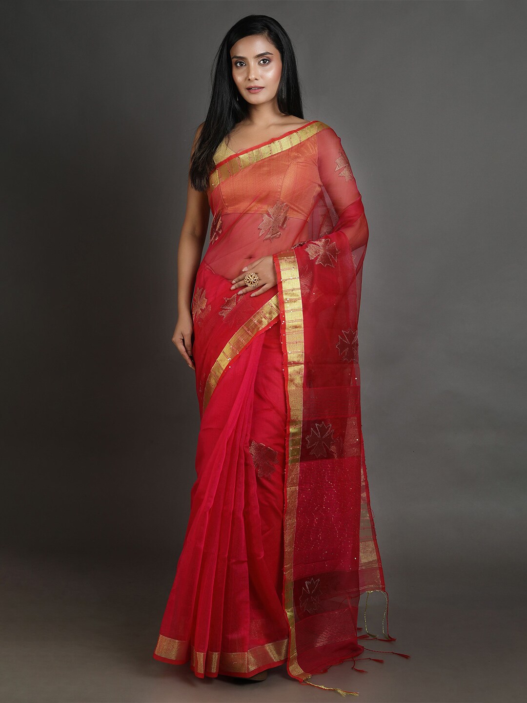 Arhi Red & Gold-Toned Woven Design Zari Muslin Silk Saree Price in India