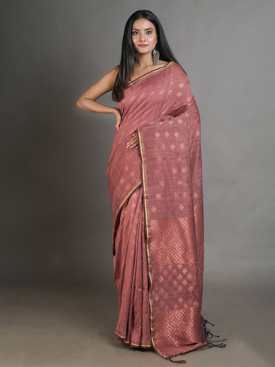 Arhi Brown & Copper-Toned Woven Design Zari Pure Linen Saree Price in India