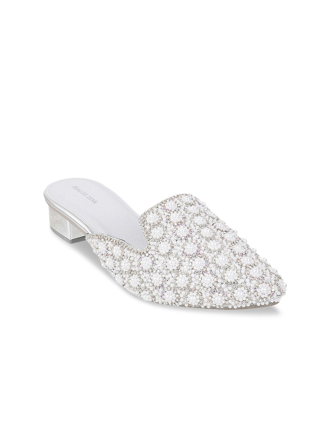 Mochi Women Silver-Toned Mules Flats Price in India