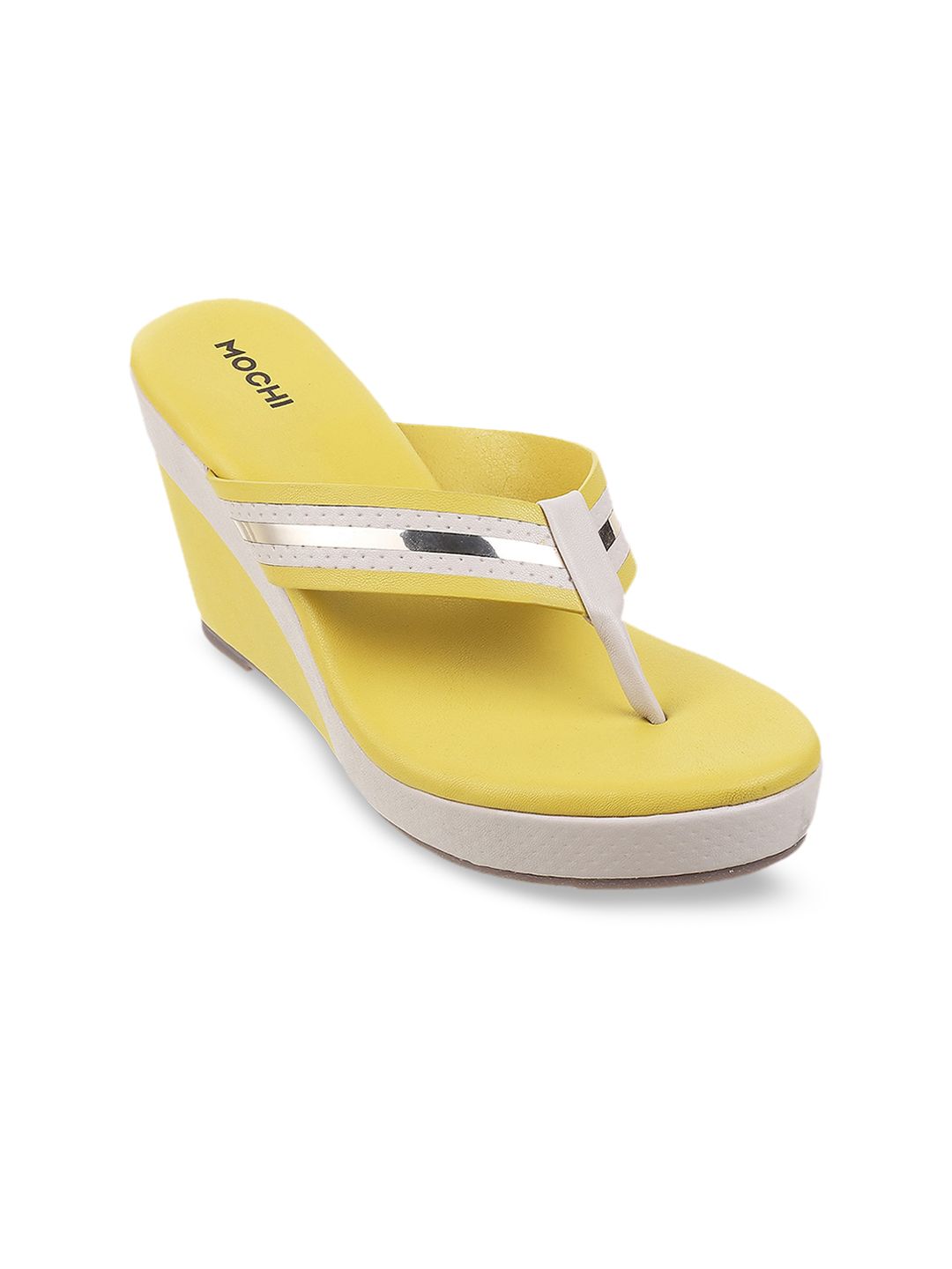 Mochi Yellow Colourblocked Wedge Sandals Price in India
