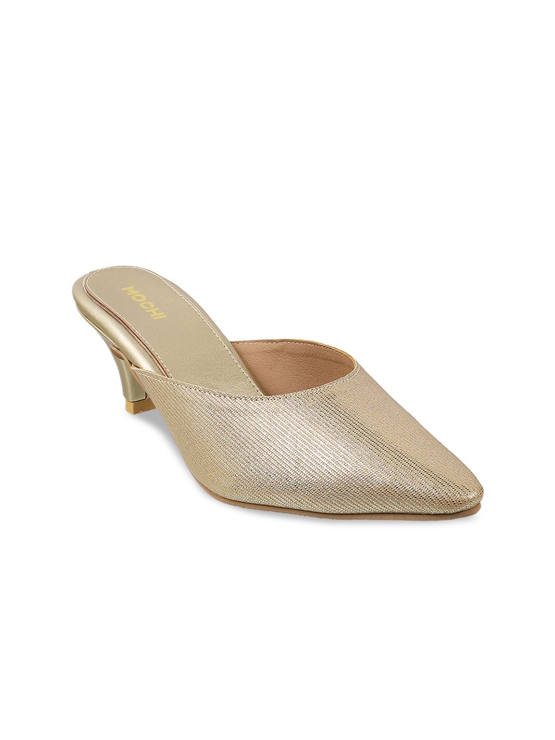 Mochi Gold-Toned Textured Kitten Mules Price in India