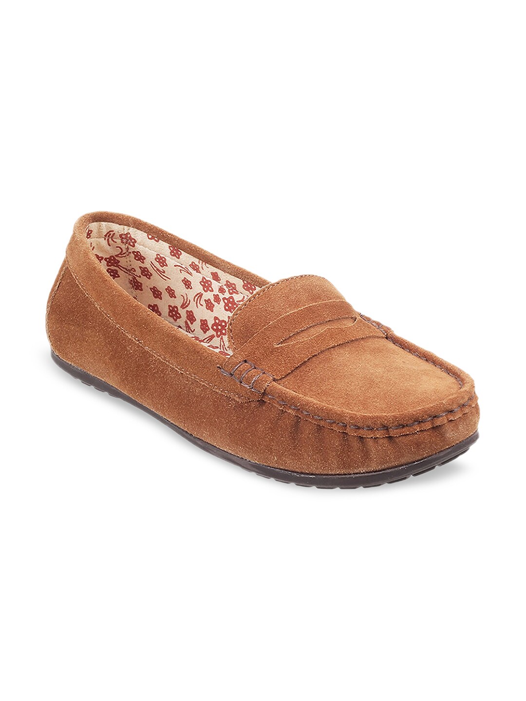 Mochi Women Tan Printed Suede Loafers Price in India