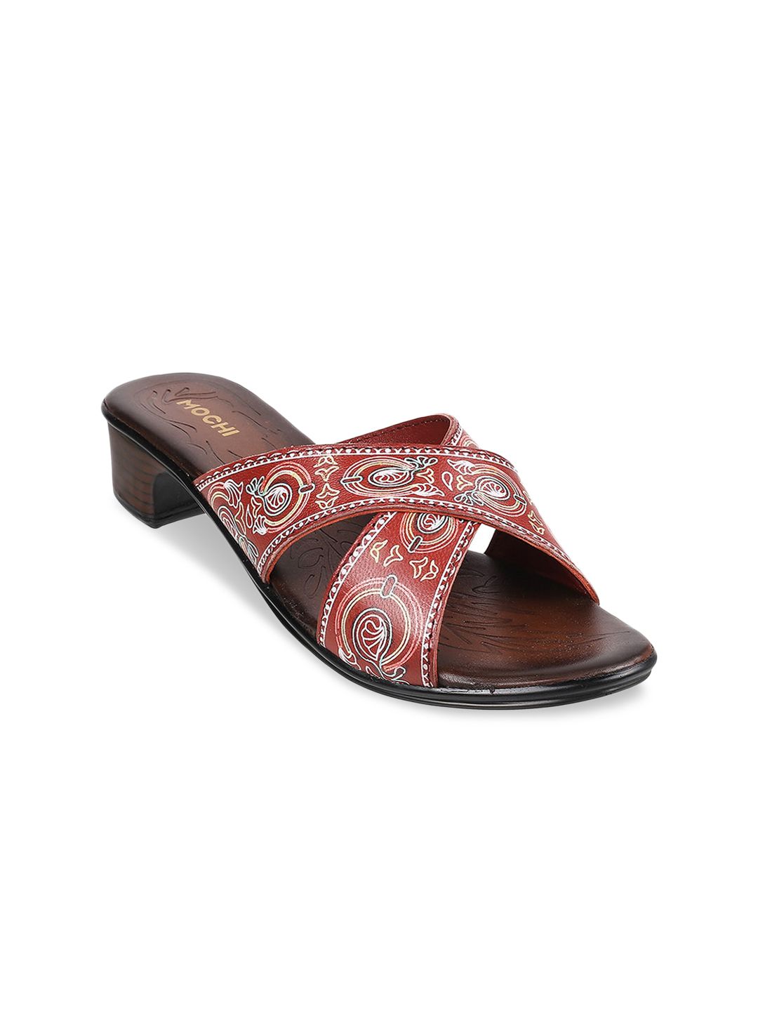 Mochi Maroon Embellished Leather Block Mules Price in India