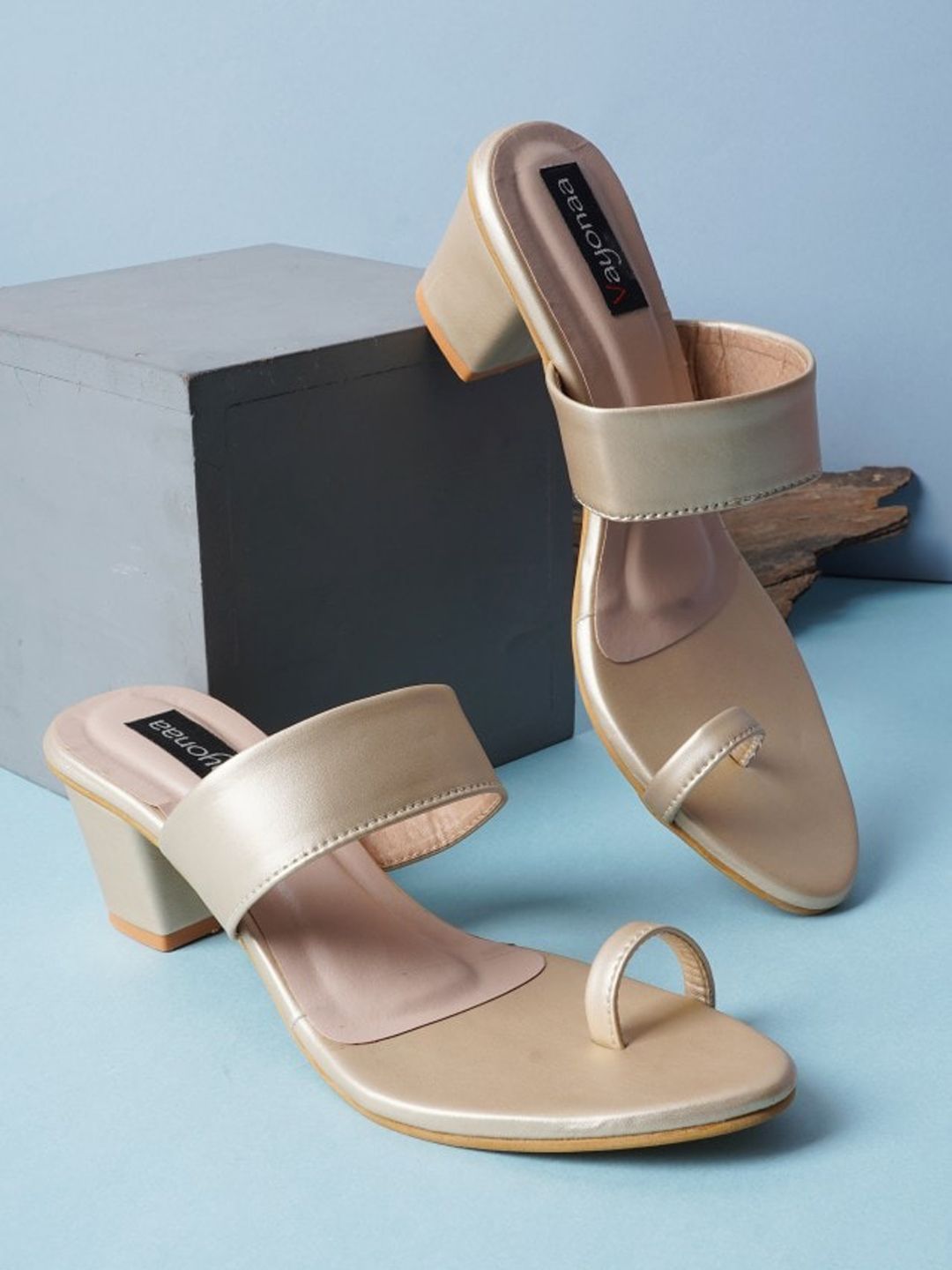 VAYONAA Gold-Toned PU Block Sandals with Buckles Price in India