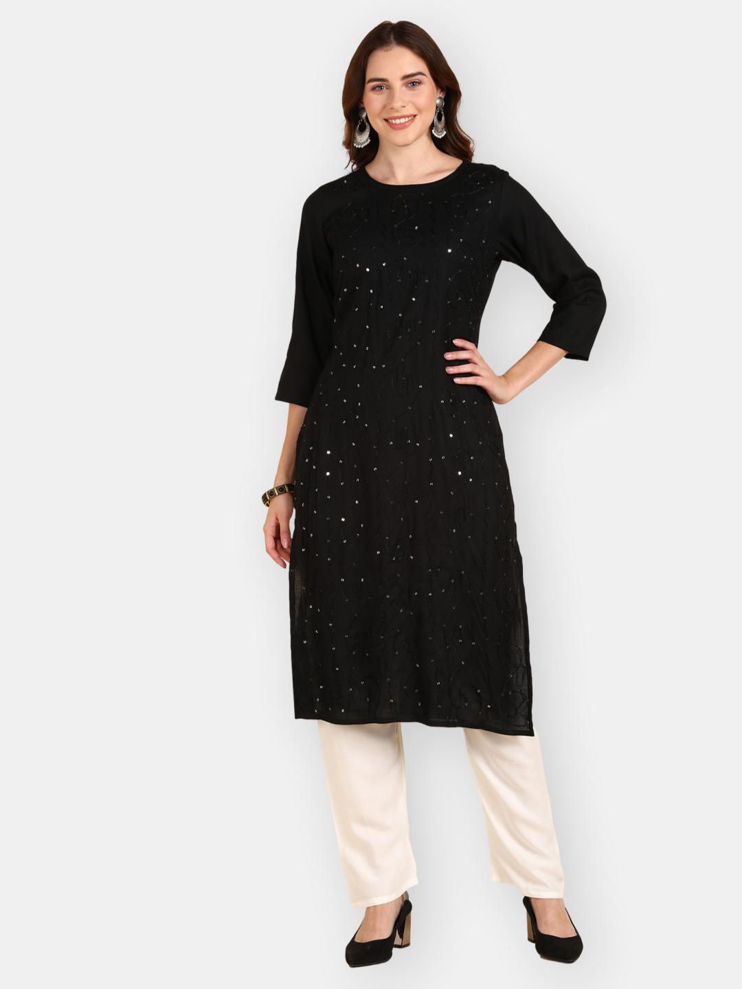VEDANA Black Embroidered Boat Neck Sequinned Kurti