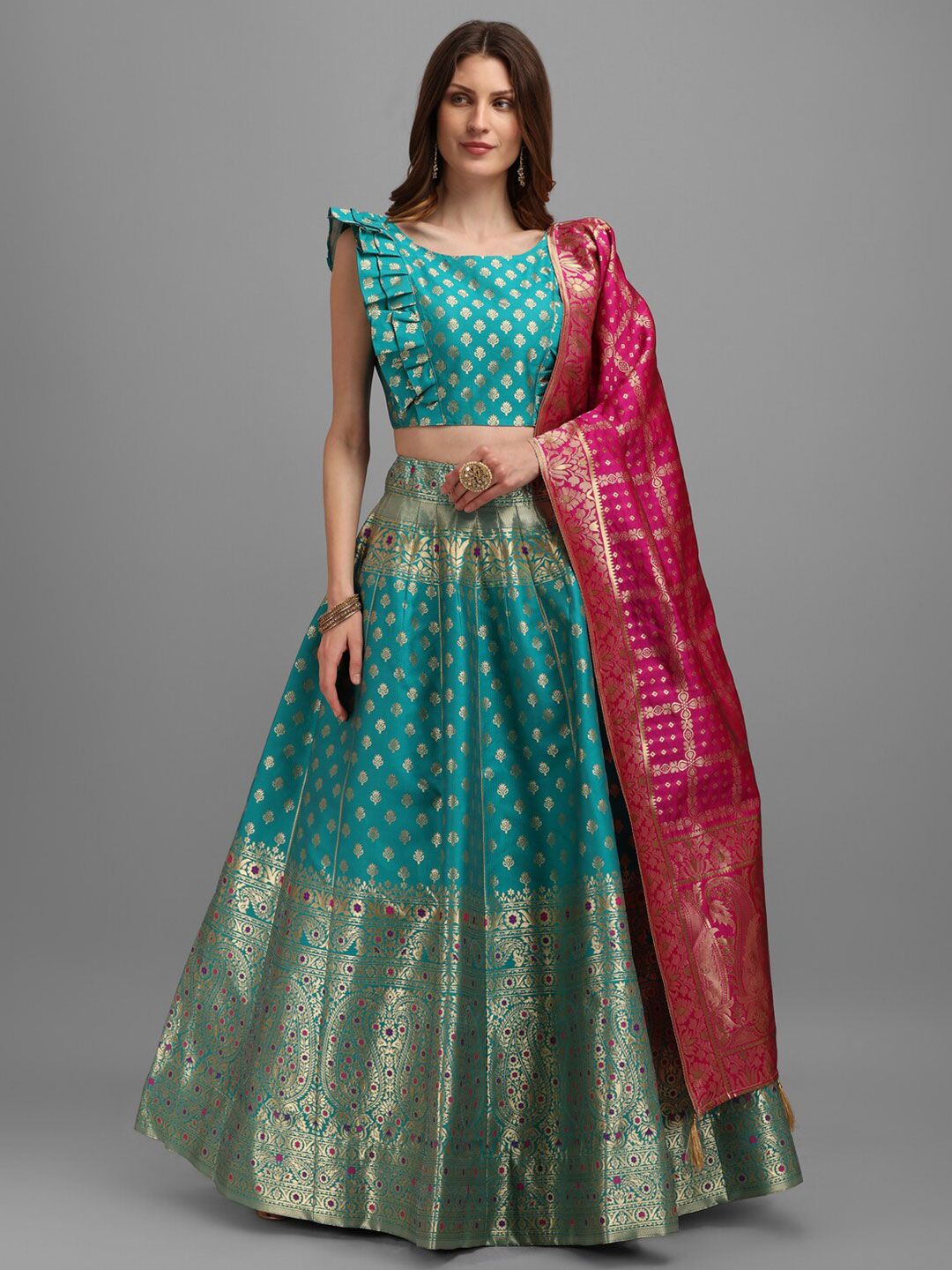 PURVAJA Sea Green & Gold-Toned Semi-Stitched Lehenga & Unstitched Blouse With Dupatta Price in India