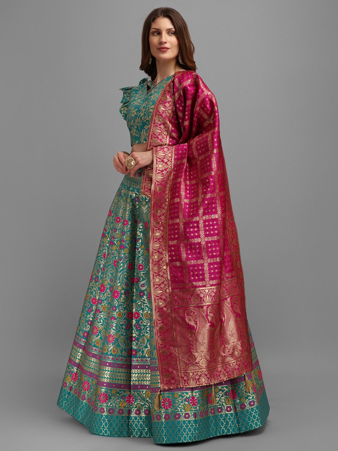 PURVAJA Sea Green & Pink Semi-Stitched Lehenga & Unstitched Blouse With Dupatta Price in India