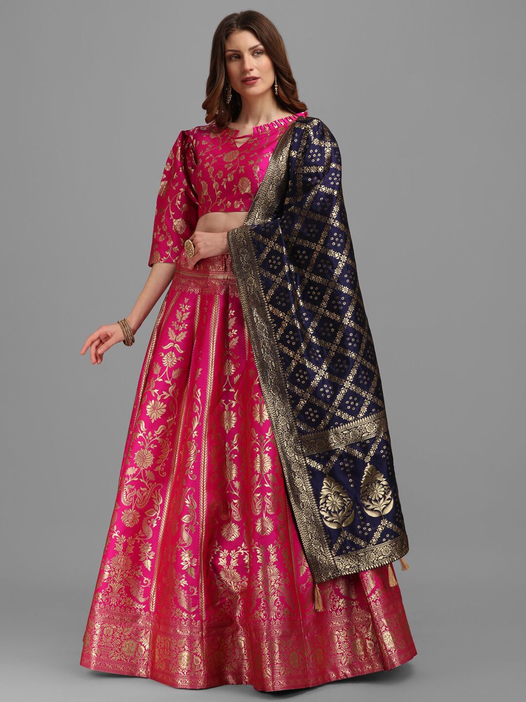 PURVAJA Pink & Navy Blue Semi-Stitched Lehenga & Unstitched Blouse With Dupatta Price in India