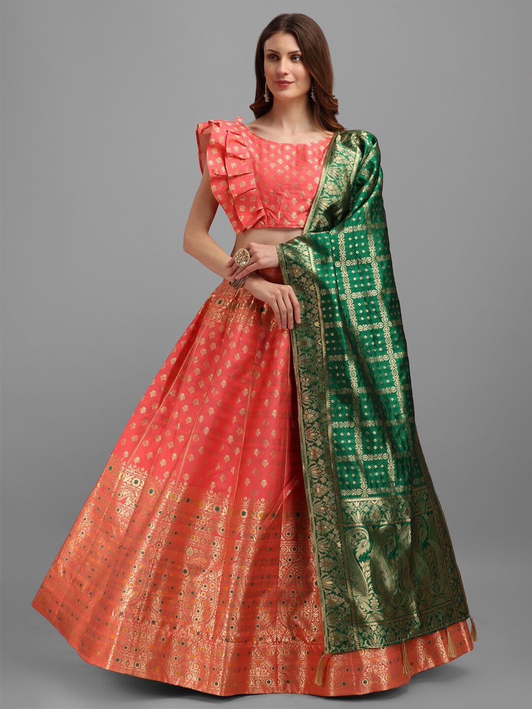 PURVAJA Peach-Coloured & Green Semi-Stitched Lehenga & Unstitched Blouse With Dupatta Price in India