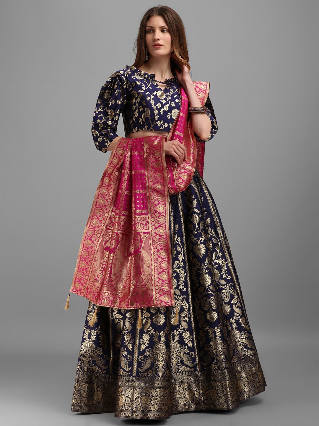 PURVAJA Navy Blue & Magenta Embellished Semi-Stitched Lehenga & Unstitched Blouse With Dupatta Price in India