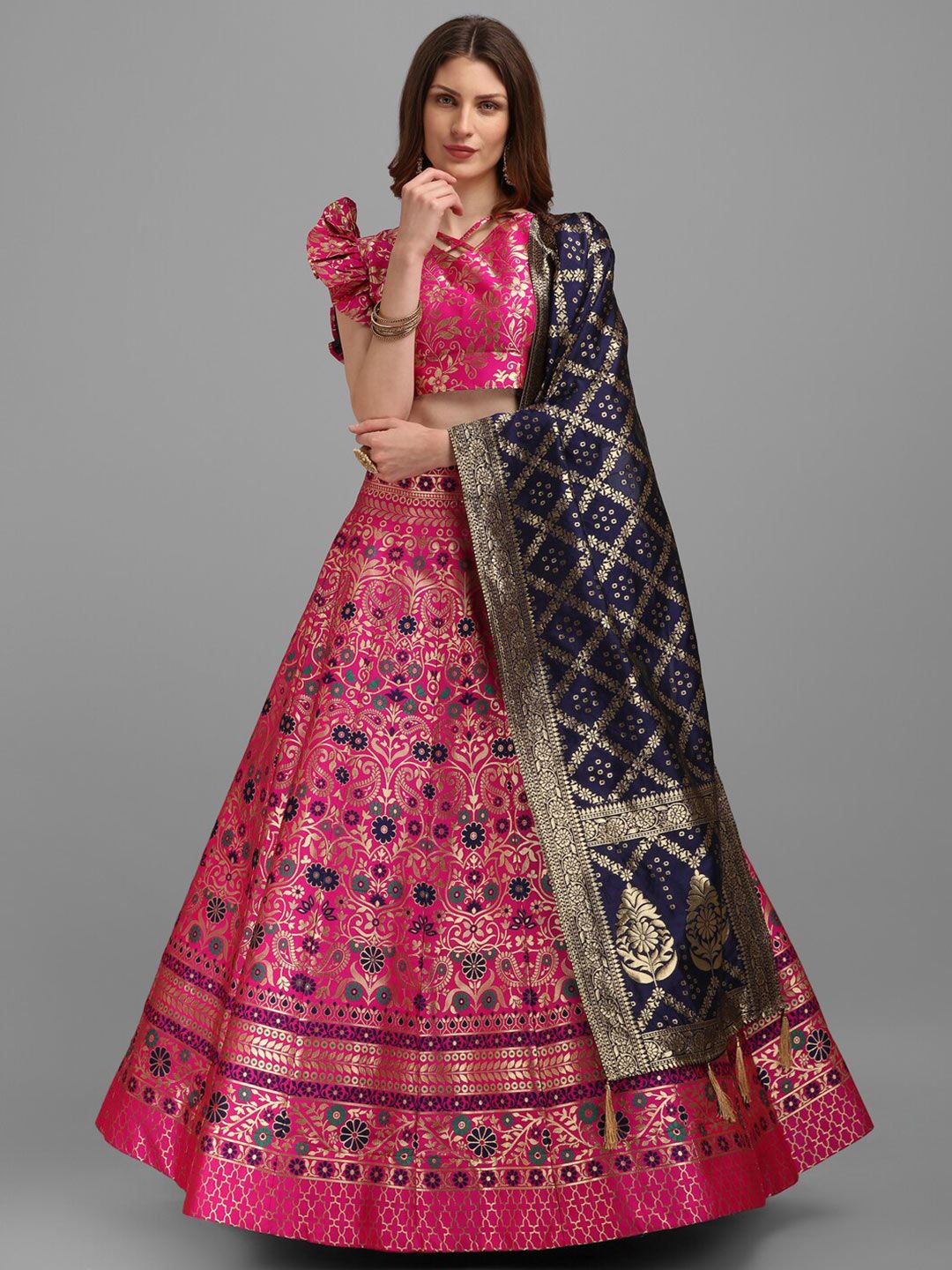 PURVAJA Pink & Navy Blue Semi-Stitched Lehenga & Unstitched Blouse With Dupatta Price in India