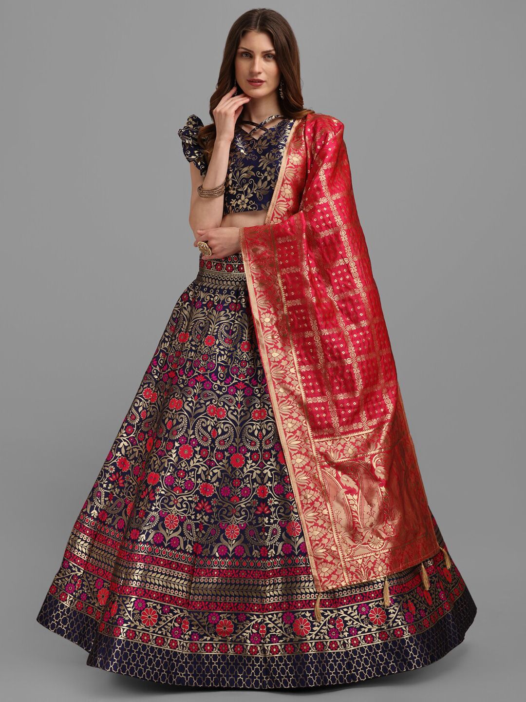 PURVAJA Navy Blue & Red Zardozi Semi-Stitched Lehenga & Unstitched Blouse With Dupatta Price in India