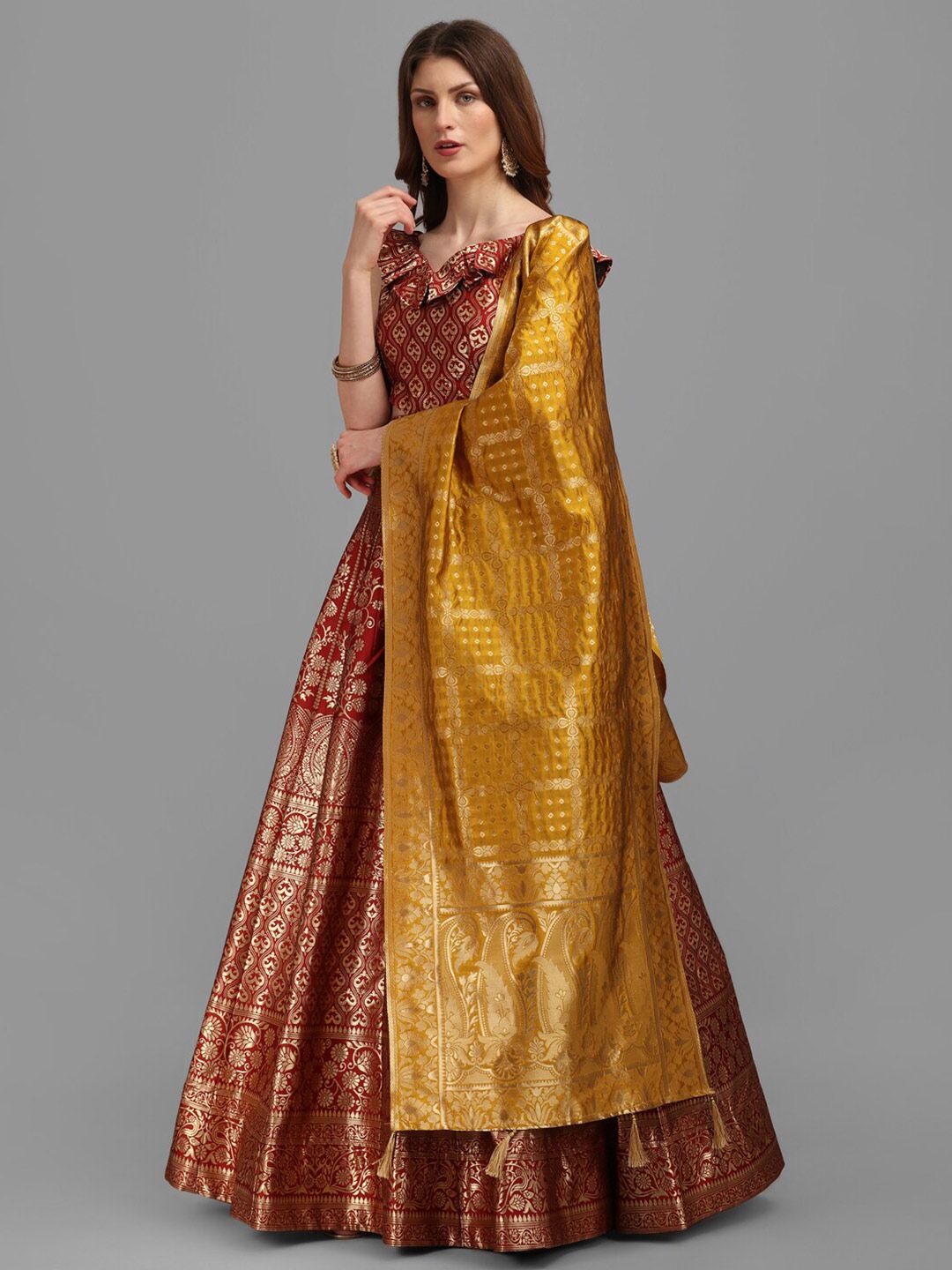 PURVAJA Maroon & Mustard Semi-Stitched Lehenga & Unstitched Blouse With Dupatta Price in India