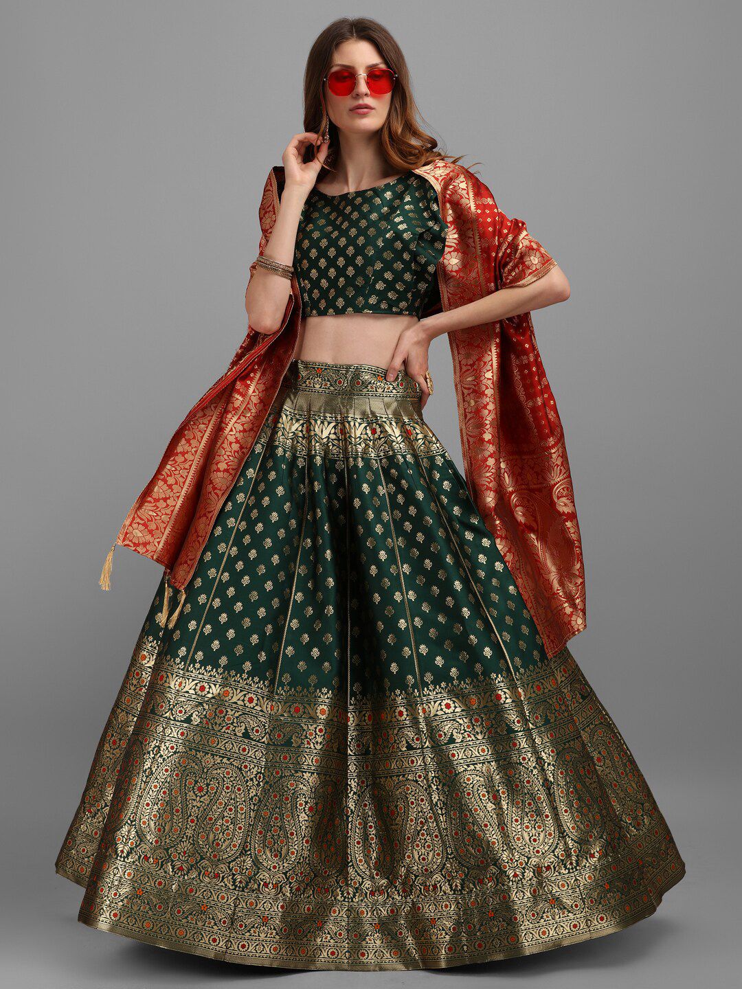 PURVAJA Green & Red Semi-Stitched Lehenga & Unstitched Blouse With Dupatta Price in India