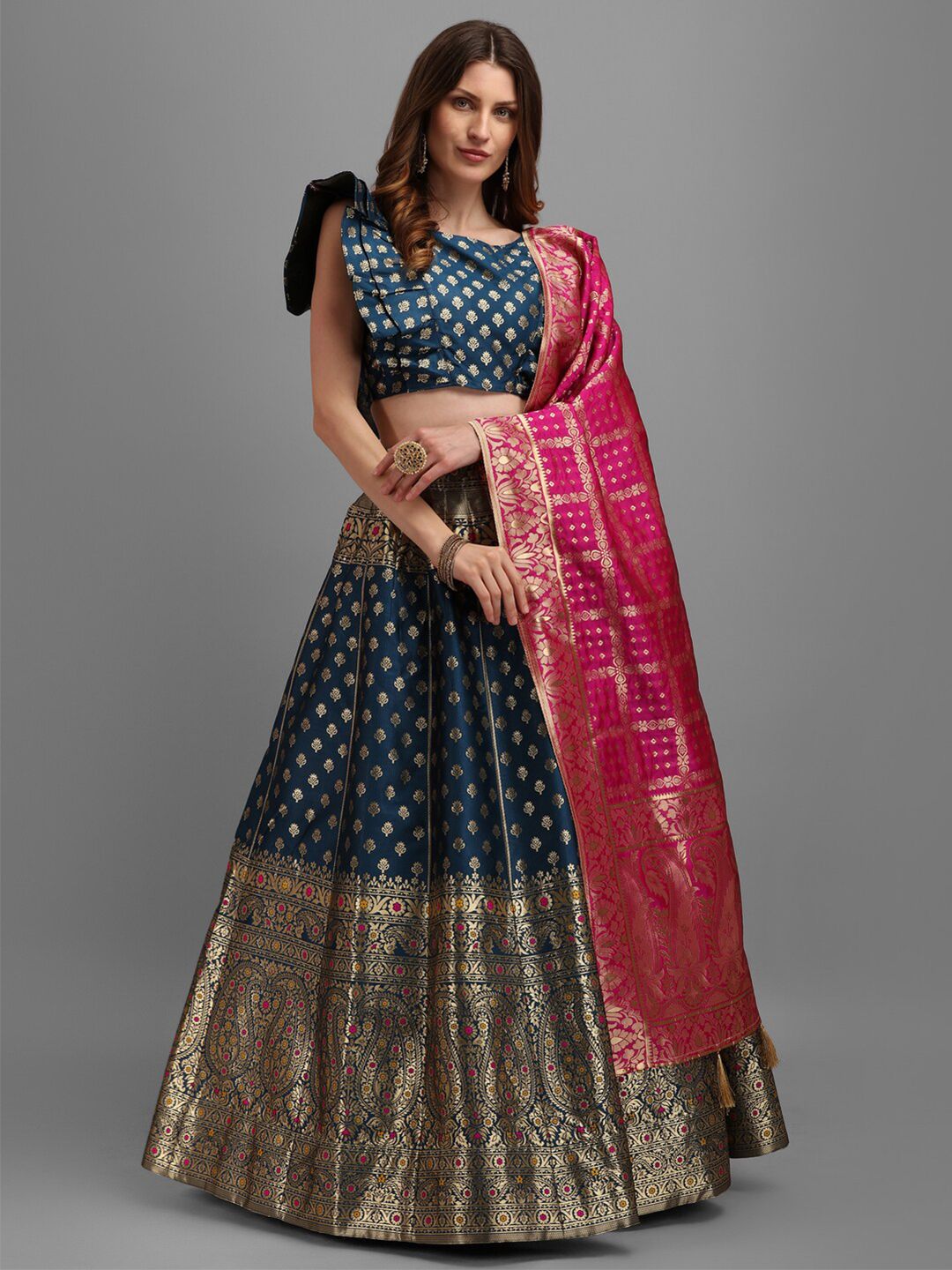 PURVAJA Teal & Pink Semi-Stitched Lehenga & Unstitched Blouse With Dupatta Price in India