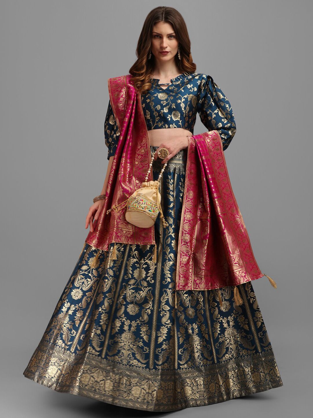 PURVAJA Teal Blue & Gold-Toned Semi-Stitched Lehenga & Unstitched Blouse With Dupatta Price in India