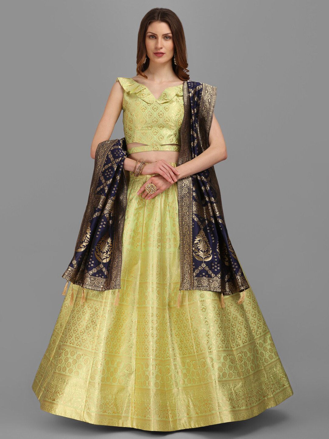 PURVAJA Lime Green & Navy Blue Semi-Stitched Lehenga & Unstitched Blouse With Dupatta Price in India