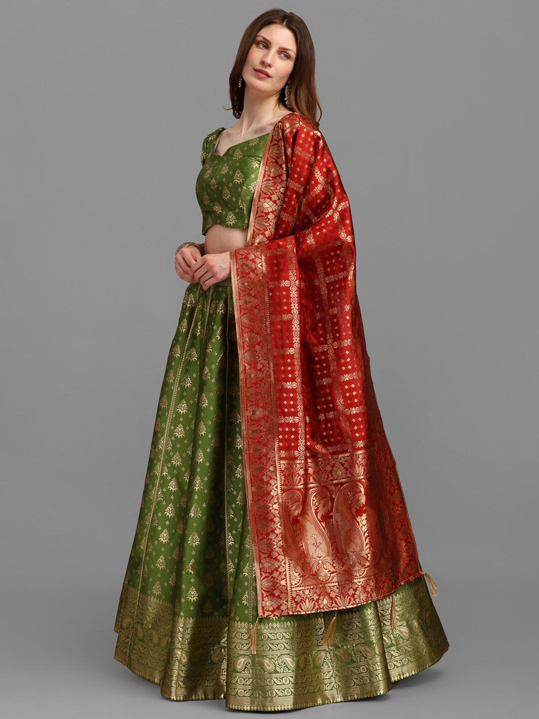 PURVAJA Olive Green & Red Semi-Stitched Lehenga & Unstitched Blouse With Dupatta Price in India
