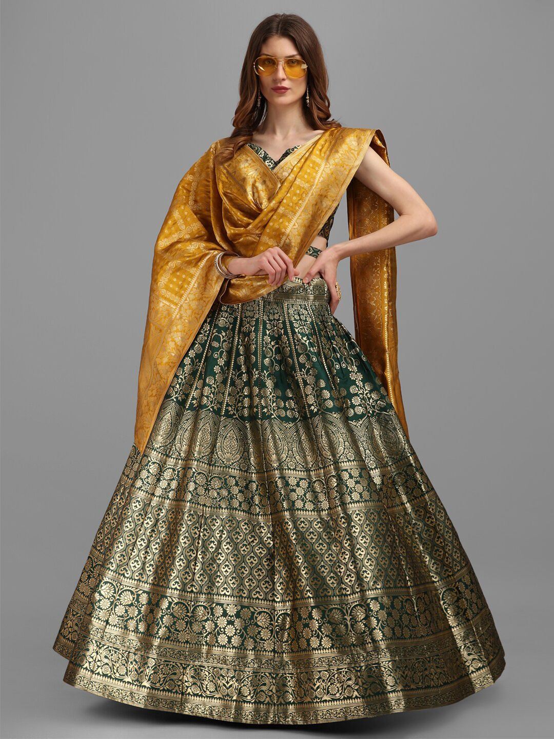 PURVAJA Green & Mustard Yellow Semi-Stitched Lehenga & Unstitched Blouse With Dupatta Price in India