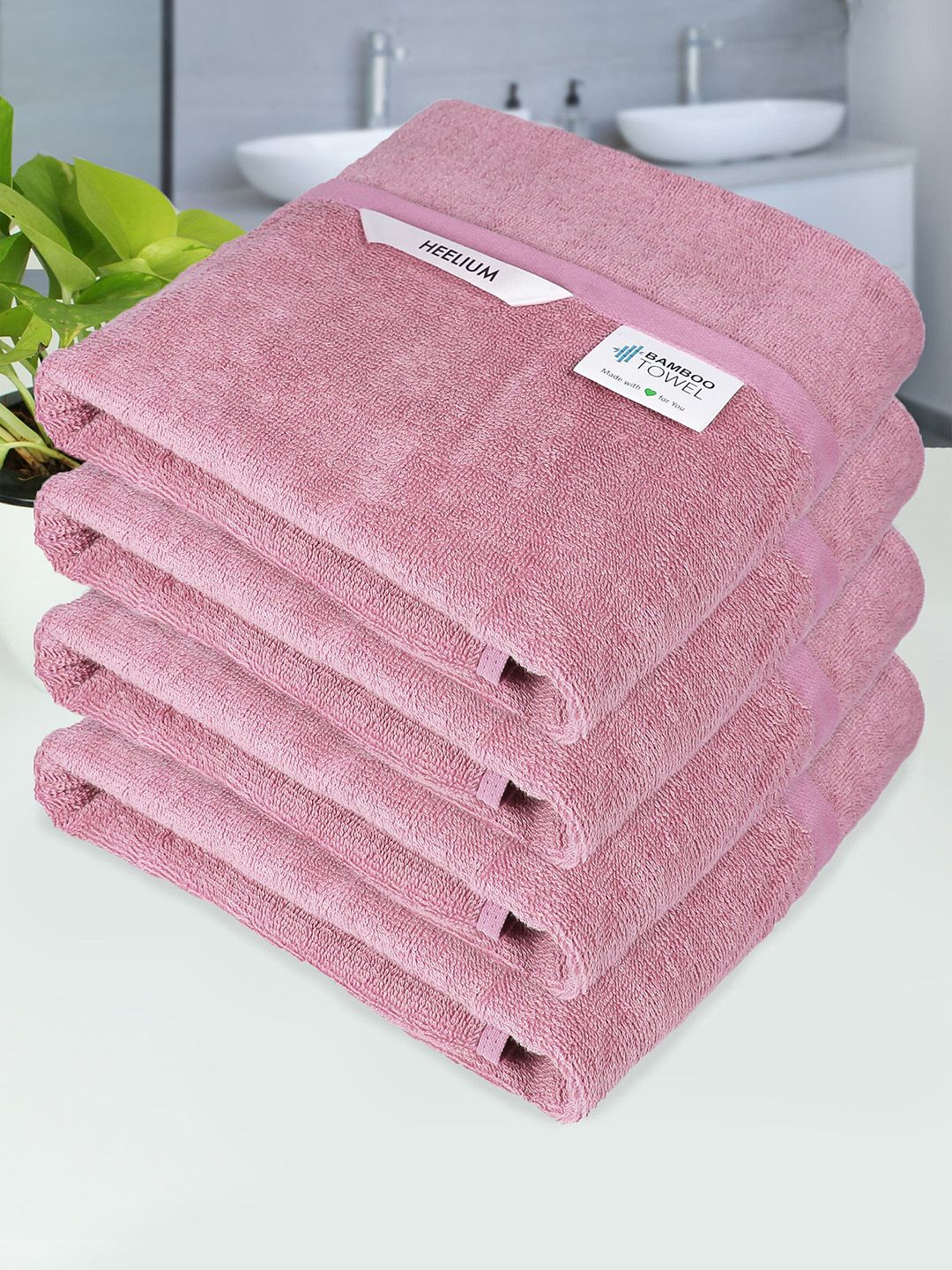 Heelium Set Of 4 Peach-Colored Solid 400 GSM Bamboo Bath Towels Price in India