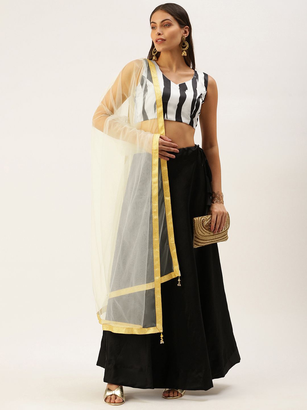 LOOKNBOOK ART Black & White Printed Semi-Stitched Lehenga & Unstitched Blouse With Dupatta Price in India