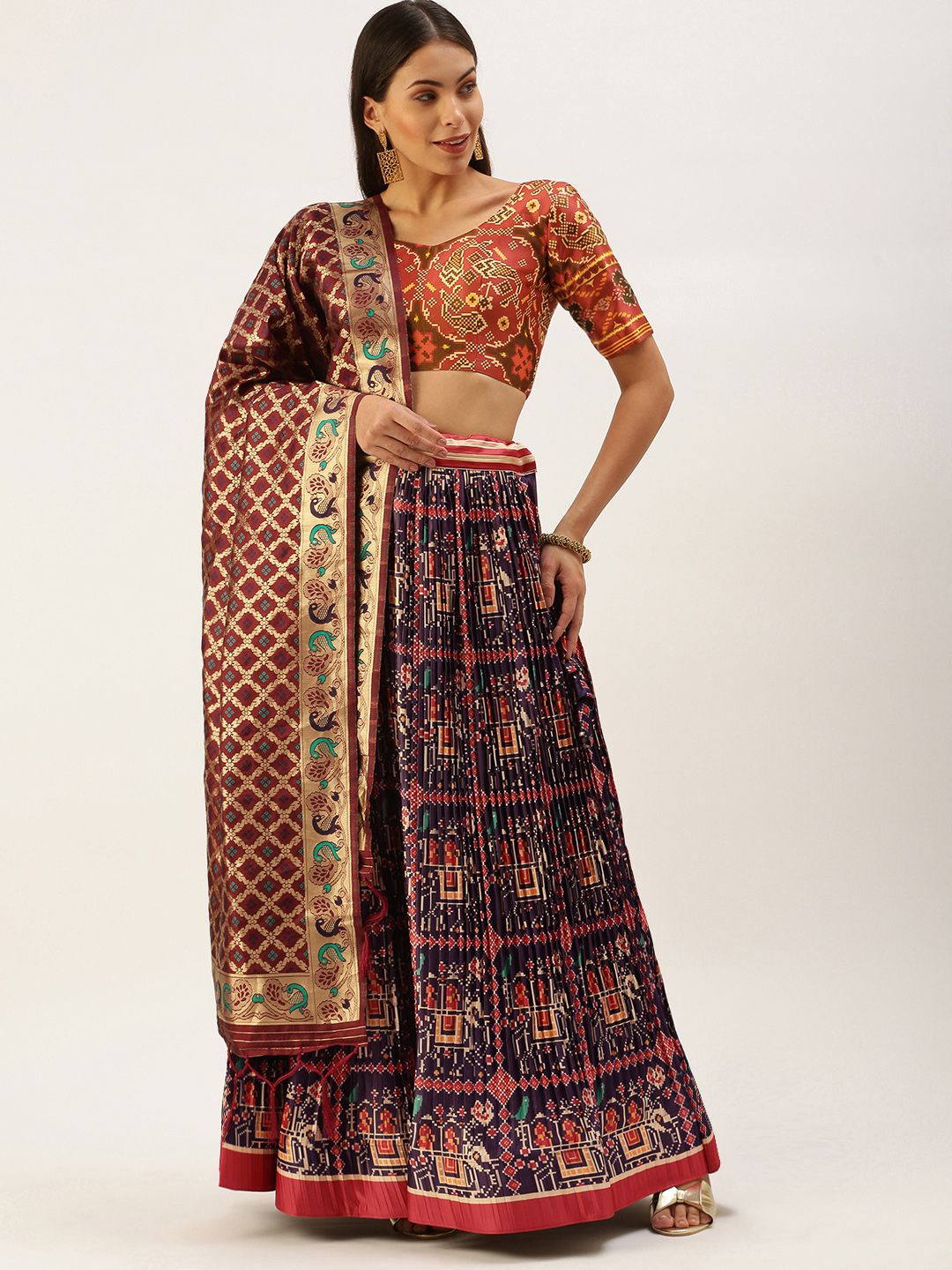 LOOKNBOOK ART Navy Blue & Red Printed Semi-Stitched Lehenga & Unstitched Blouse With Dupatta Price in India