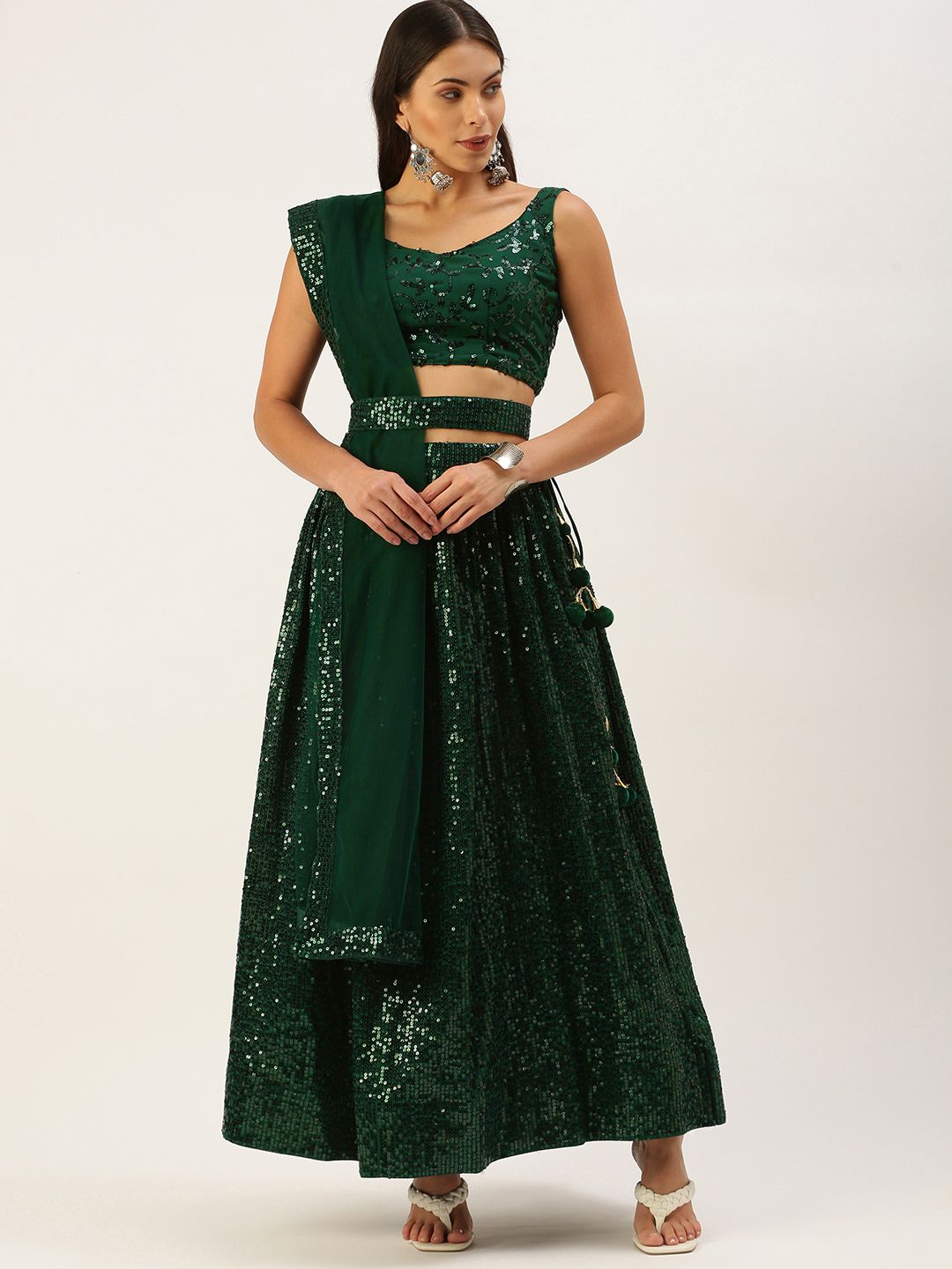 LOOKNBOOK ART Green Embellished Sequinned Semi-Stitched Lehenga & Unstitched Blouse With Dupatta Price in India