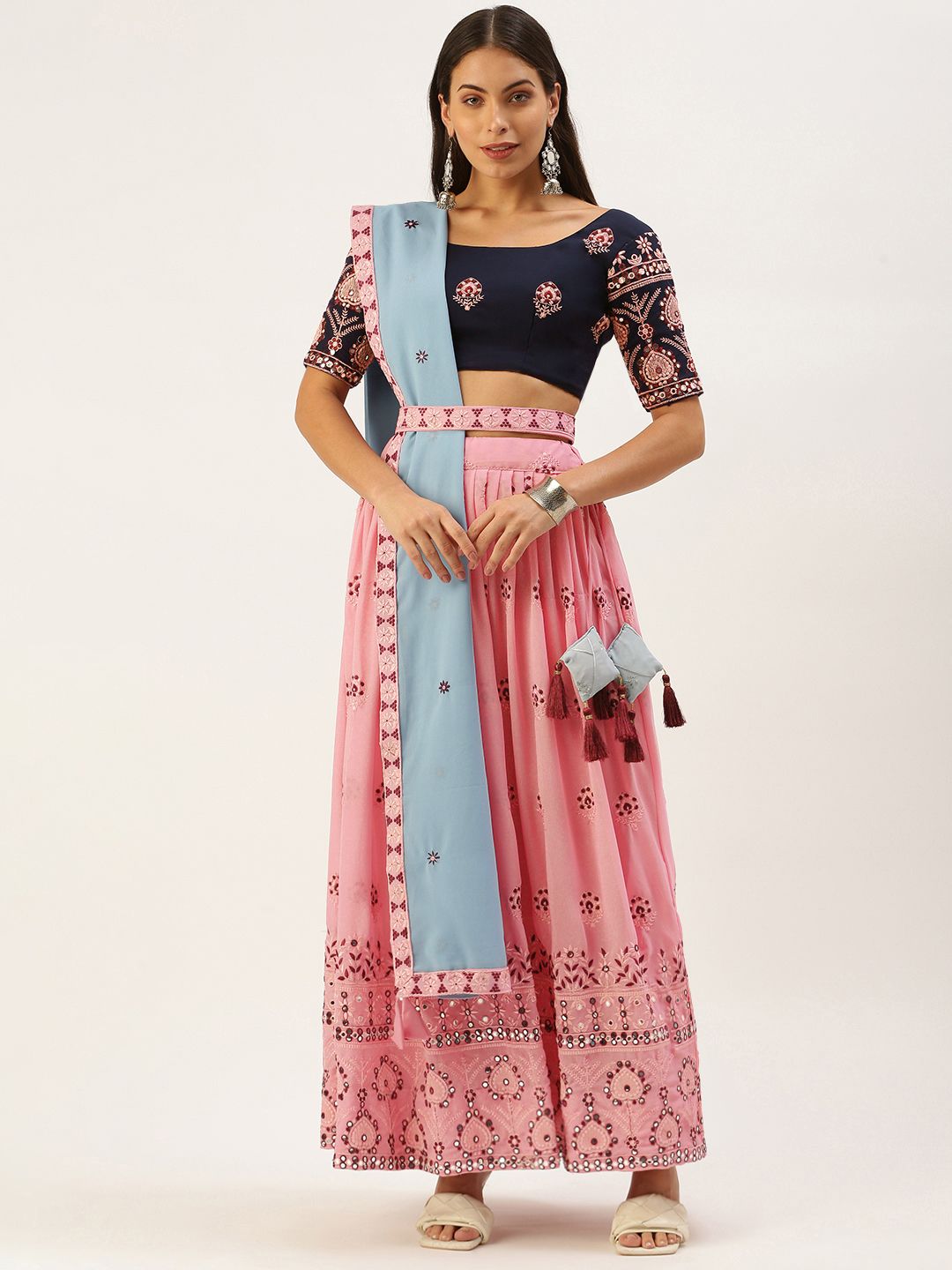 LOOKNBOOK ART Pink & Blue Embroidered Thread Work Semi-Stitched Lehenga & Unstitched Blouse With Dupatta Price in India
