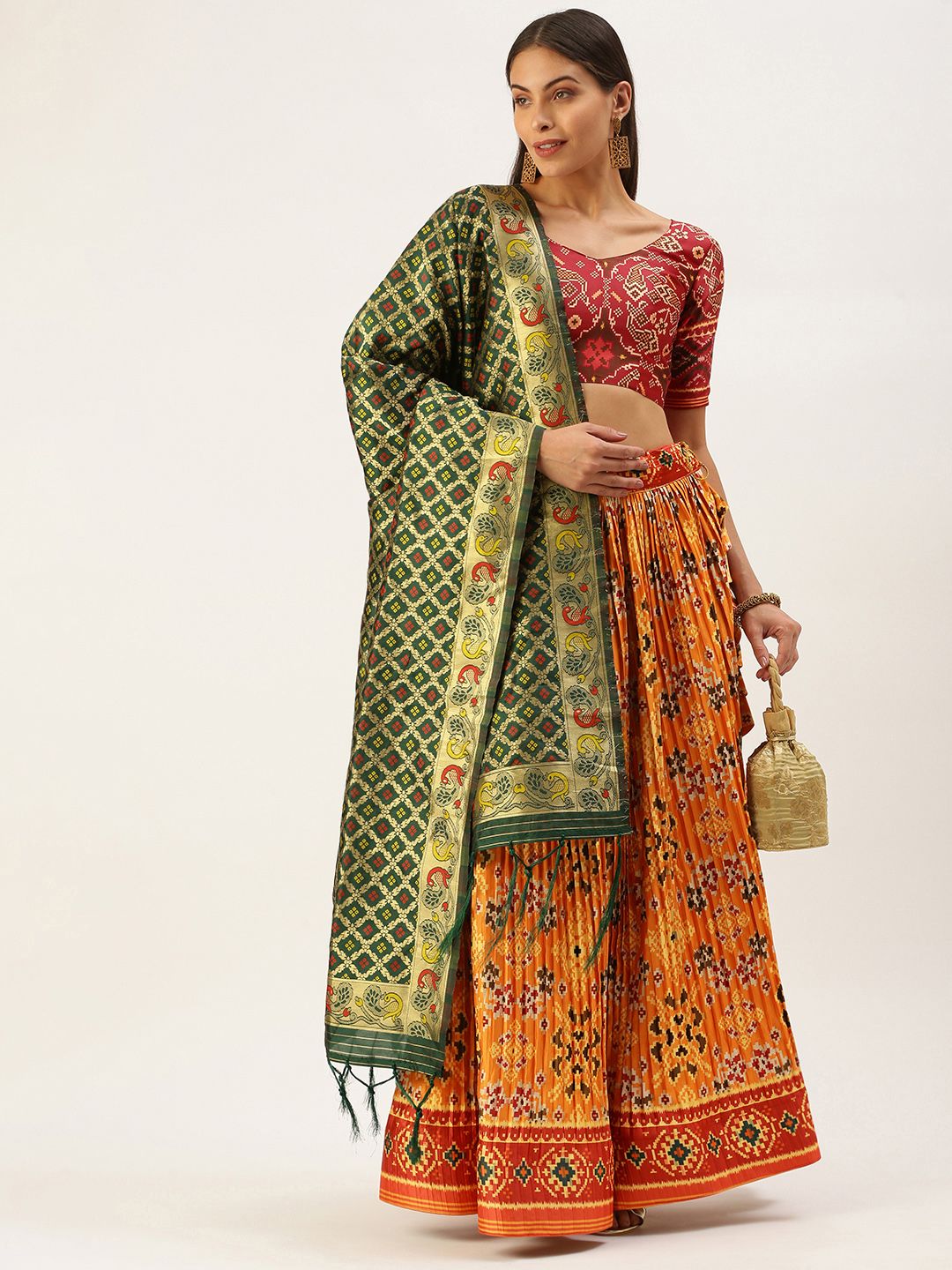 LOOKNBOOK ART Orange & Red Printed Semi-Stitched Lehenga & Unstitched Blouse With Dupatta Price in India