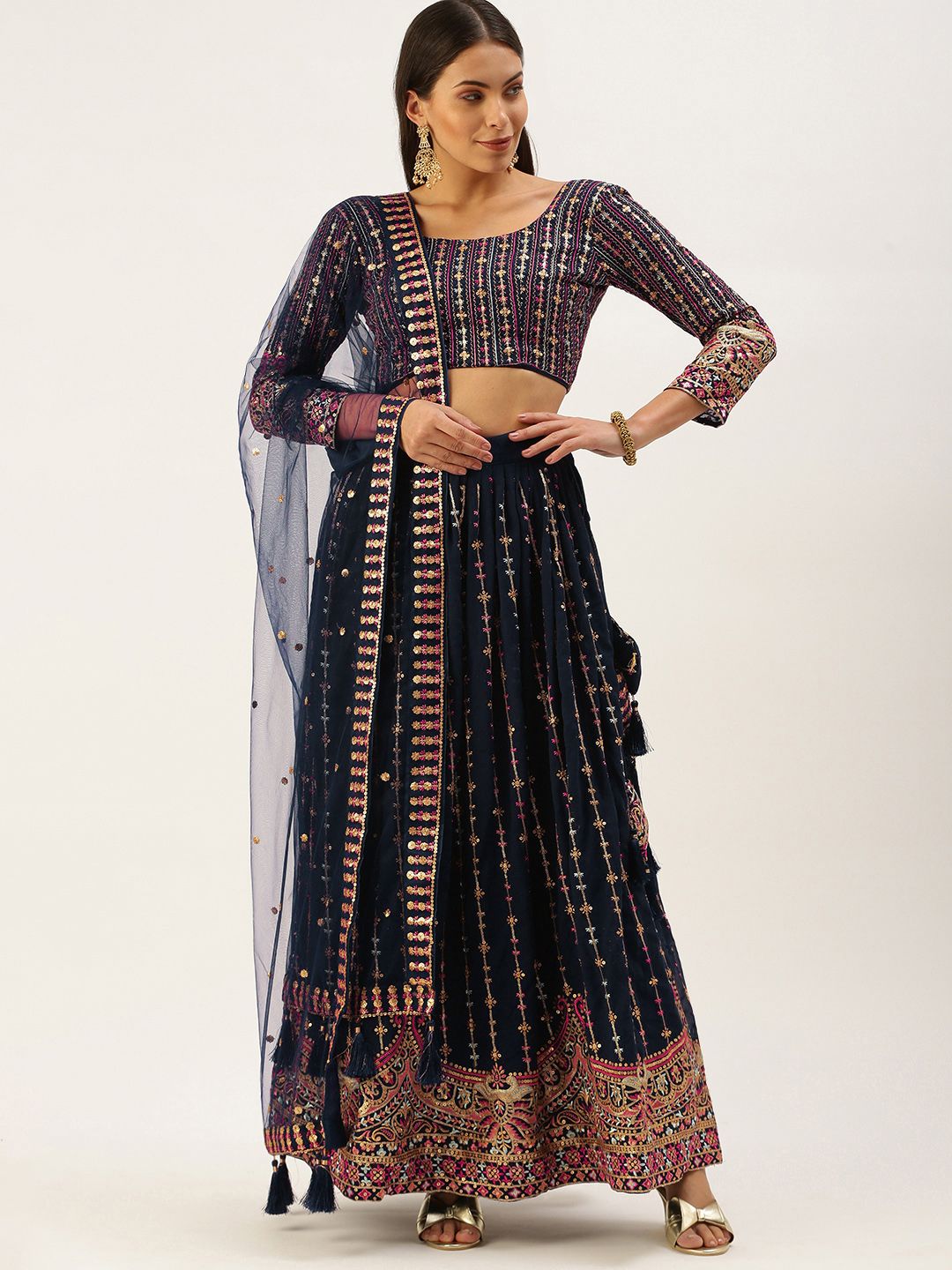 LOOKNBOOK ART Navy Blue & Pink Embroidered Sequinned Semi-Stitched Lehenga & Unstitched Blouse With Dupatta Price in India
