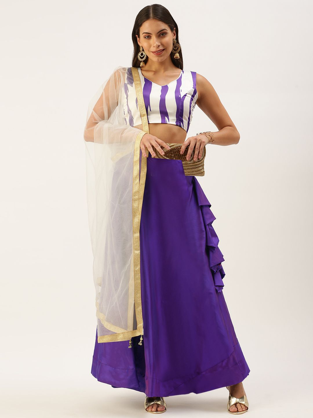 LOOKNBOOK ART Purple & White Dyed Semi-Stitched Lehenga & Unstitched Blouse With Dupatta Price in India