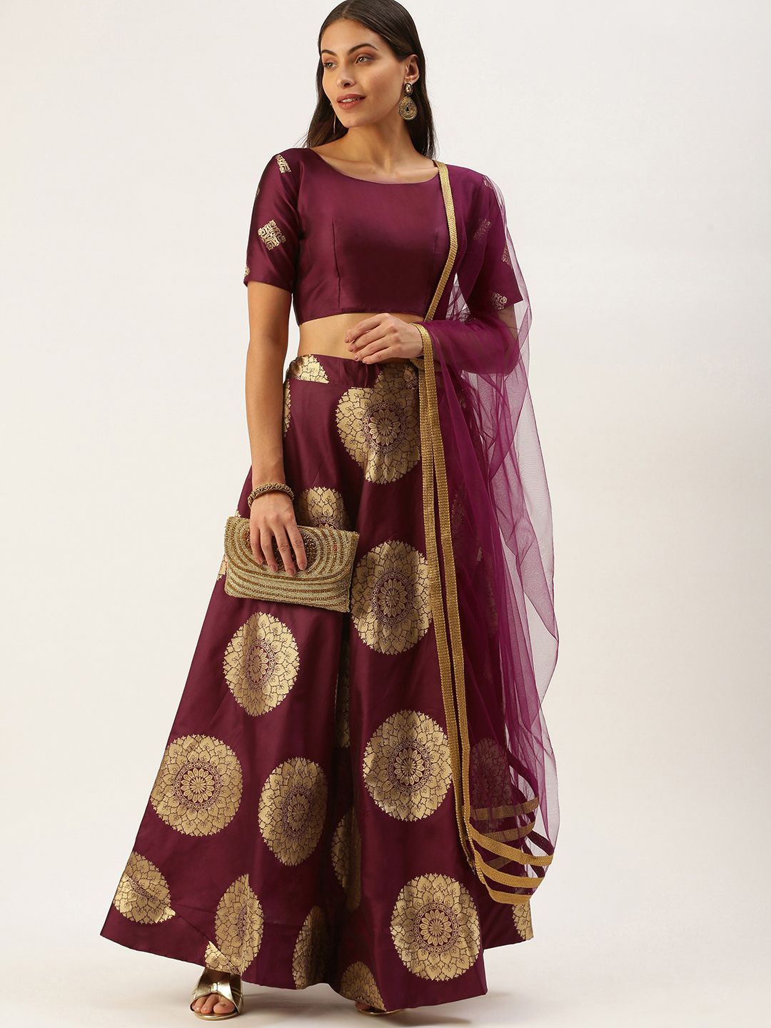 LOOKNBOOK ART Purple & Gold-Toned Semi-Stitched Lehenga & Unstitched Blouse With Dupatta Price in India