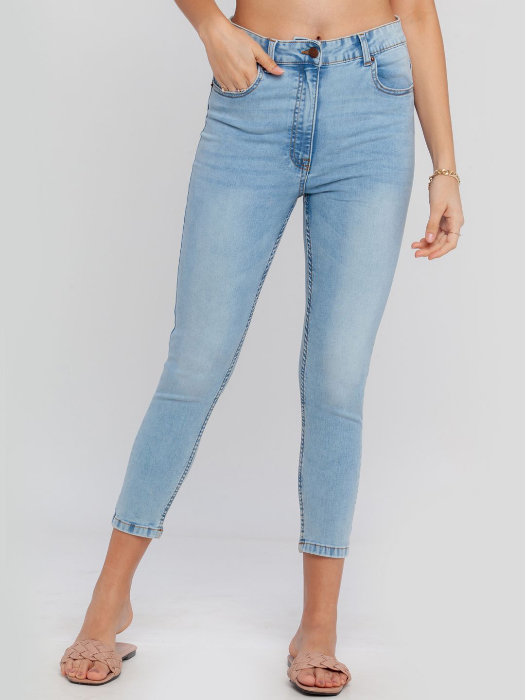 Zink London Women Blue Skinny Fit High-Rise Low Distress Heavy Fade Jeans