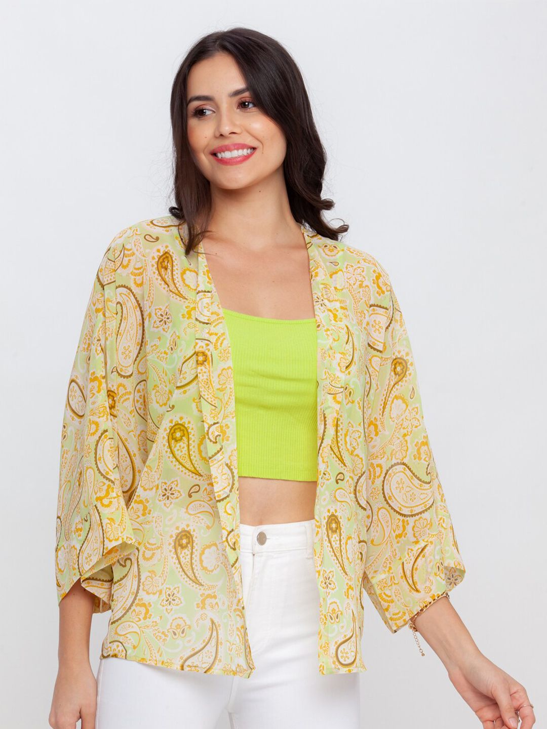 Zink London Women Green & Yellow Printed Shrug Price in India