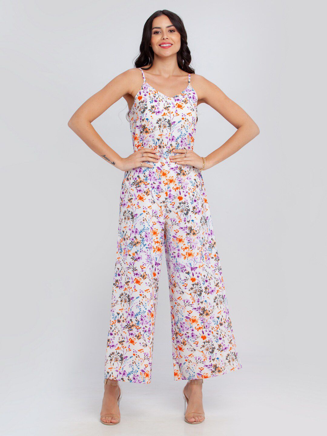 Zink London White & Purple Printed Basic Jumpsuit Price in India
