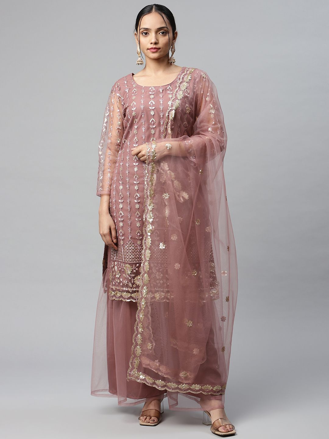 Readiprint Fashions Mauve & Gold-Toned Embroidered Unstitched Dress Material Price in India