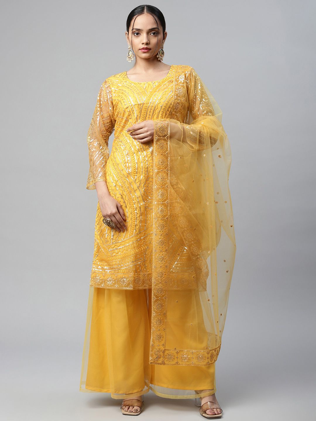 Readiprint Fashions Yellow & Gold-Toned Embroidered Unstitched Dress Material Price in India