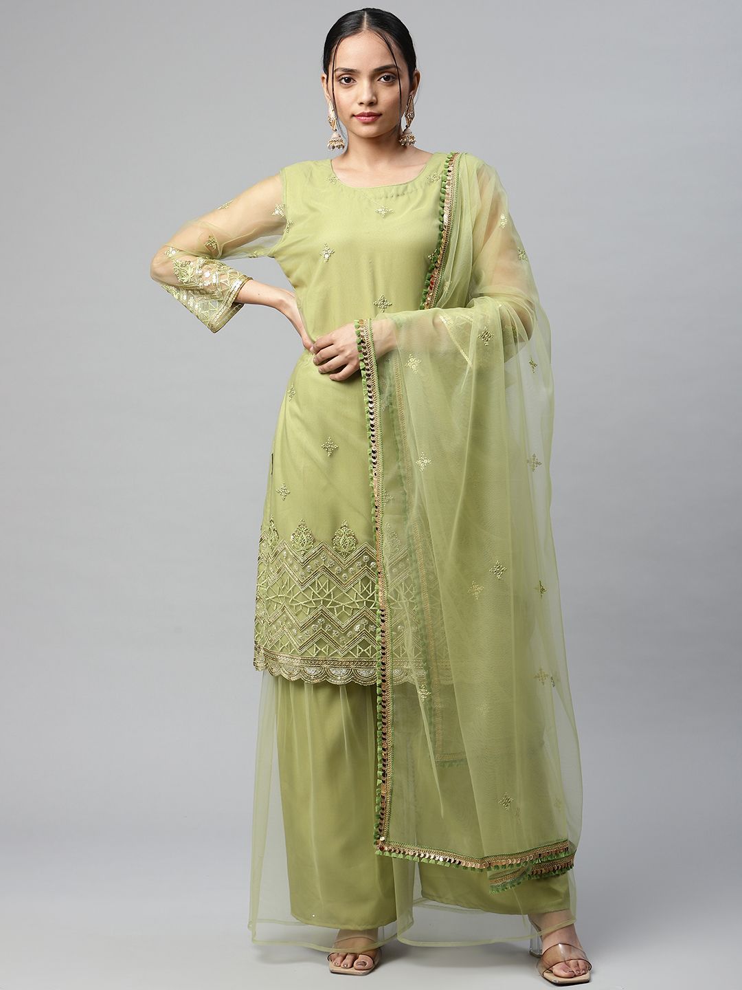 Readiprint Fashions Green & Gold-Toned Embroidered Unstitched Dress Material Price in India